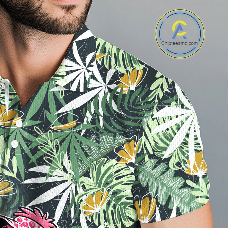 Funny Pink Flamingo Green Tropical Pattern Golf Polo Shirt Custom Golf Shirts For Men NHT648