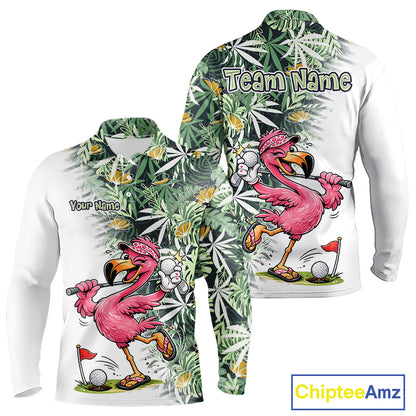 Funny Pink Flamingo Green Tropical Pattern Golf Polo Shirt Custom Golf Shirts For Men NHT648