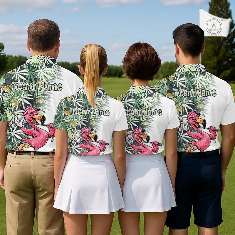 Funny Pink Flamingo Green Tropical Pattern Golf Polo Shirt Custom Golf Shirts For Men NHT648