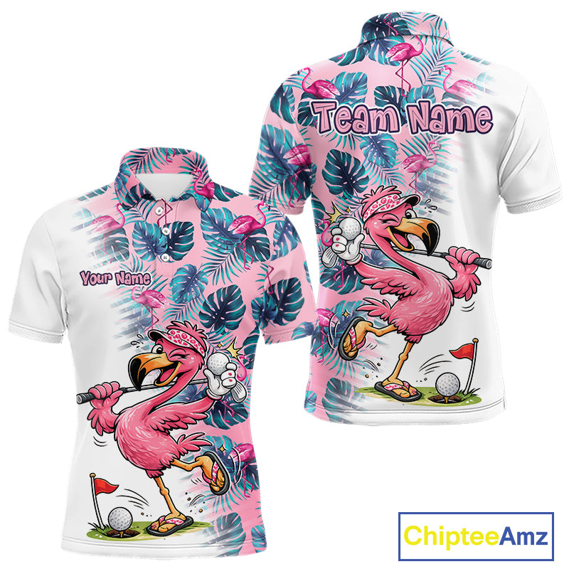 Funny Pink Flamingo Tropical With Pattern Flamingo Golf Polo Shirt Custom Golf Shirts For Men NHT649