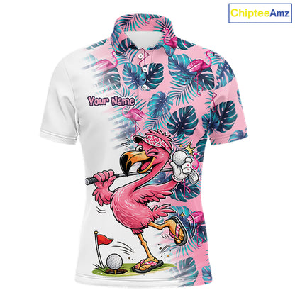 Funny Pink Flamingo Tropical With Pattern Flamingo Golf Polo Shirt Custom Golf Shirts For Men NHT649