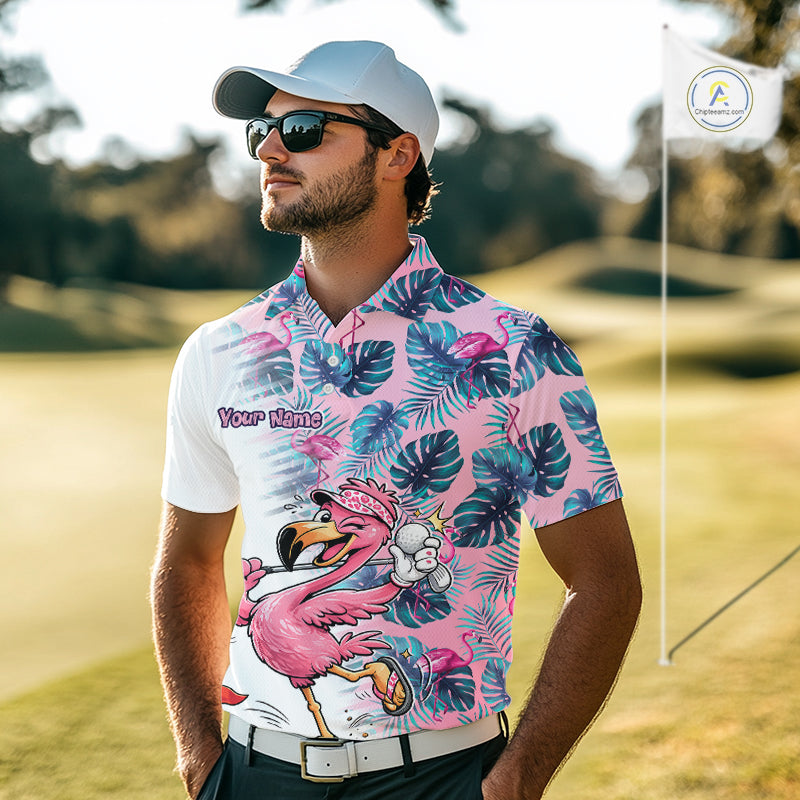Funny Pink Flamingo Tropical With Pattern Flamingo Golf Polo Shirt Custom Golf Shirts For Men NHT649