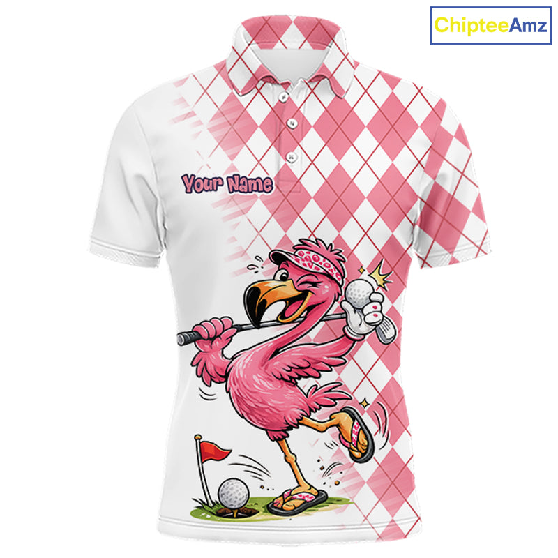 Funny Pink Flamingo Argyle Pink Pattern Golf Polo Shirt Custom Golf Shirts For Men NHT650