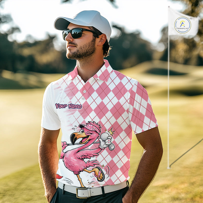 Funny Pink Flamingo Argyle Pink Pattern Golf Polo Shirt Custom Golf Shirts For Men NHT650
