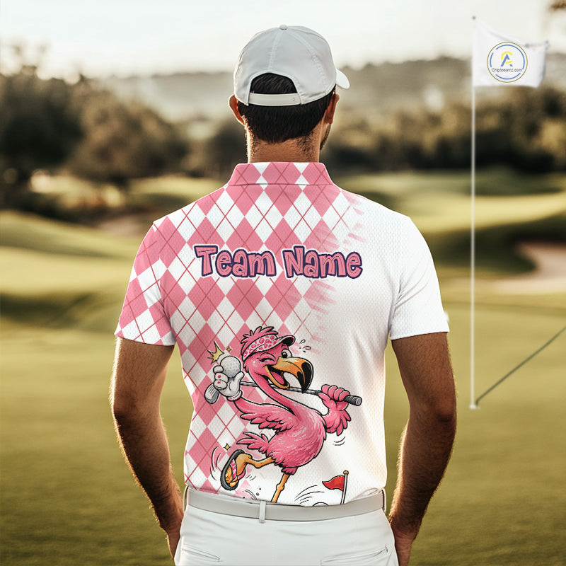 Funny Pink Flamingo Argyle Pink Pattern Golf Polo Shirt Custom Golf Shirts For Men NHT650