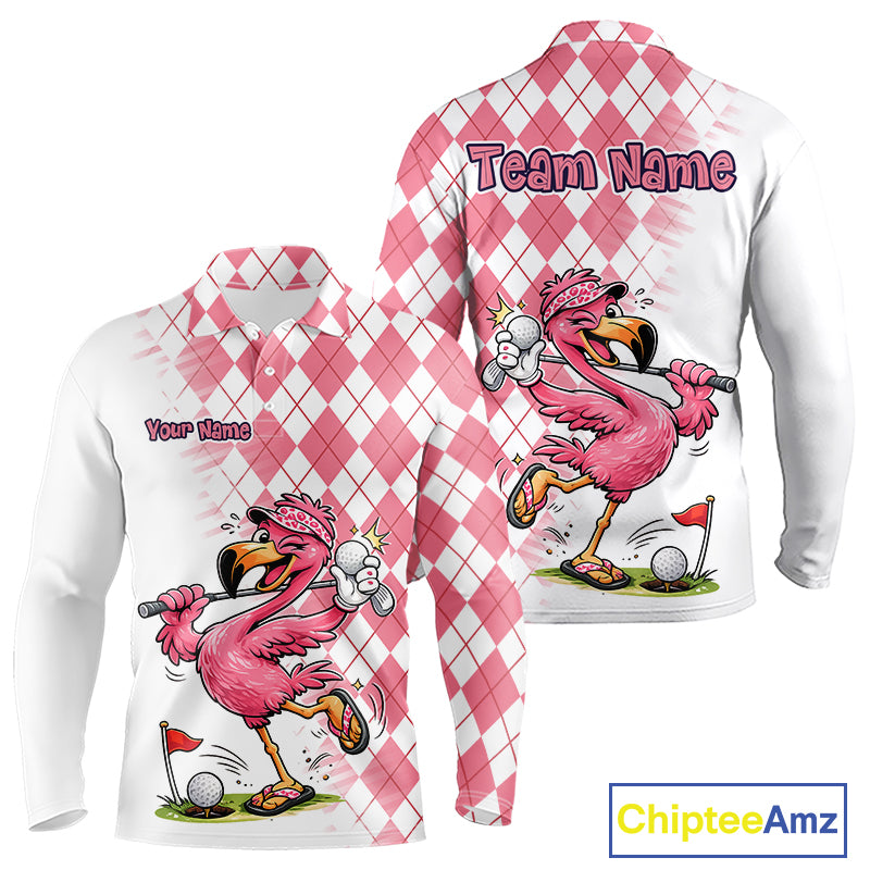 Funny Pink Flamingo Argyle Pink Pattern Golf Polo Shirt Custom Golf Shirts For Men NHT650