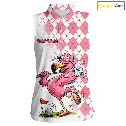 Funny Pink Flamingo Argyle Pink Pattern Sleeveless Womens Golf Polo Shirt Custom Golf Shirts For Womens NHT650