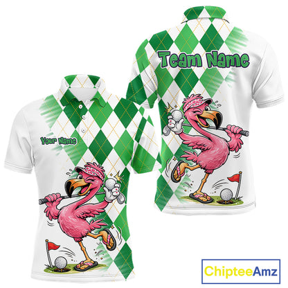 Funny Pink Flamingo Argyle Green Pattern Golf Polo Shirt Custom Golf Shirts For Men NHT651