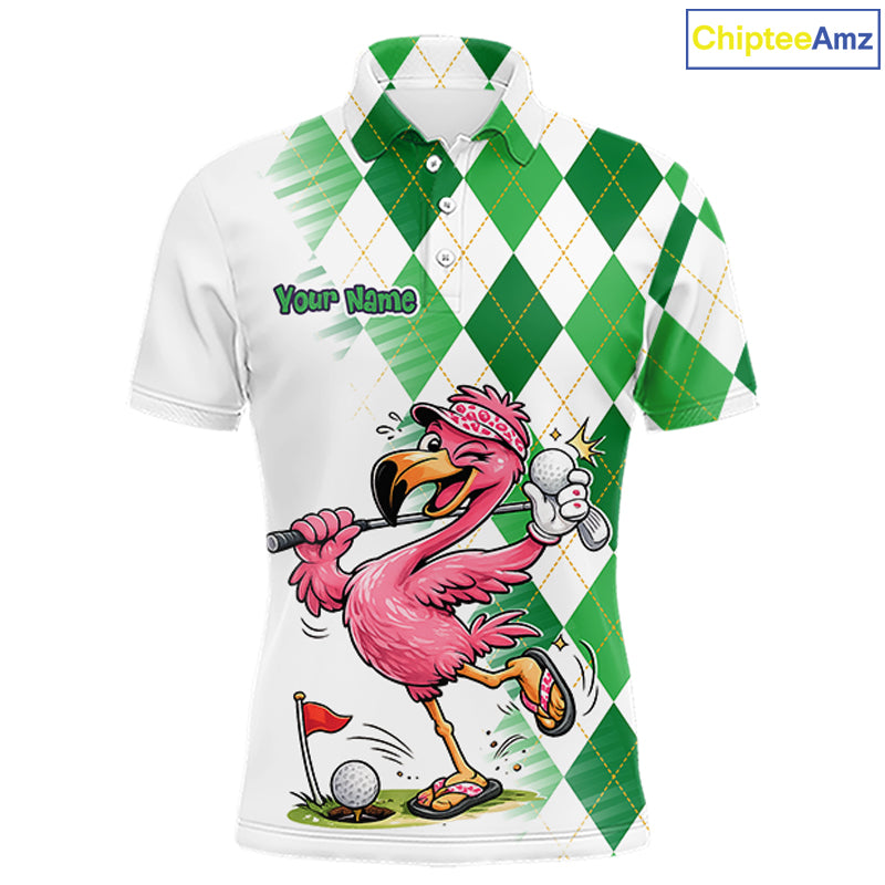 Funny Pink Flamingo Argyle Green Pattern Golf Polo Shirt Custom Golf Shirts For Men NHT651