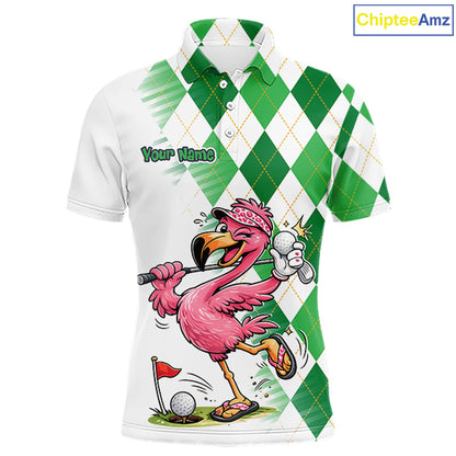 Funny Pink Flamingo Argyle Green Pattern Golf Polo Shirt Custom Golf Shirts For Men NHT651