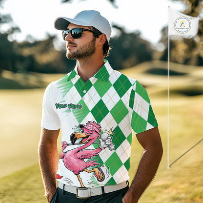 Funny Pink Flamingo Argyle Green Pattern Golf Polo Shirt Custom Golf Shirts For Men NHT651