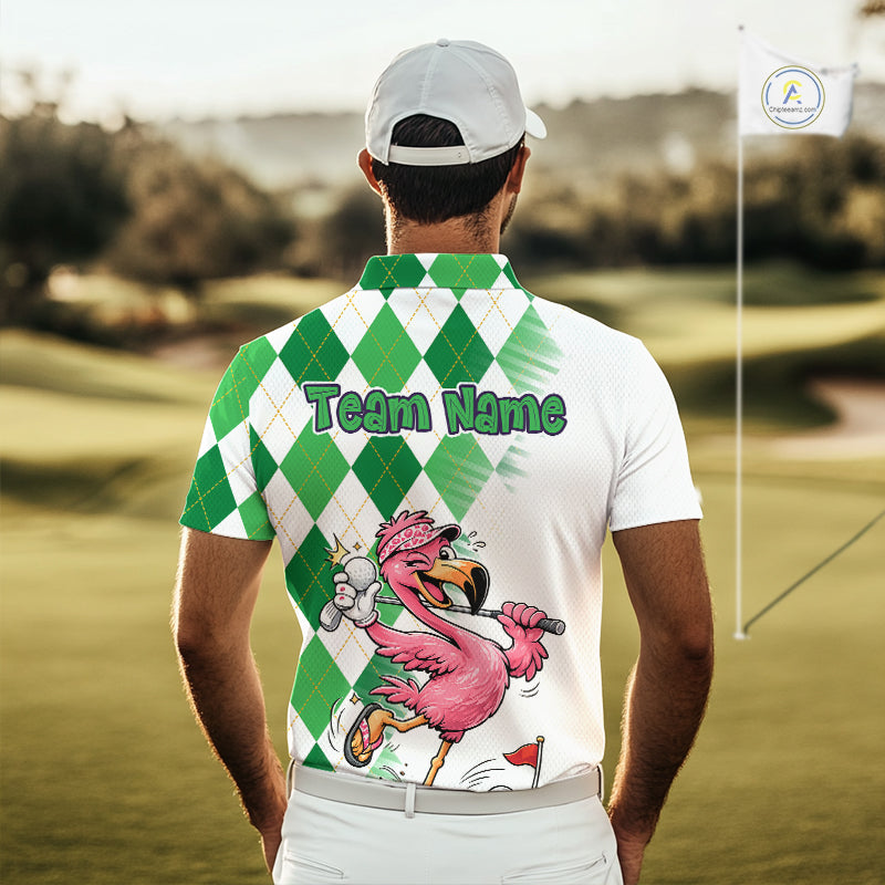 Funny Pink Flamingo Argyle Green Pattern Golf Polo Shirt Custom Golf Shirts For Men NHT651