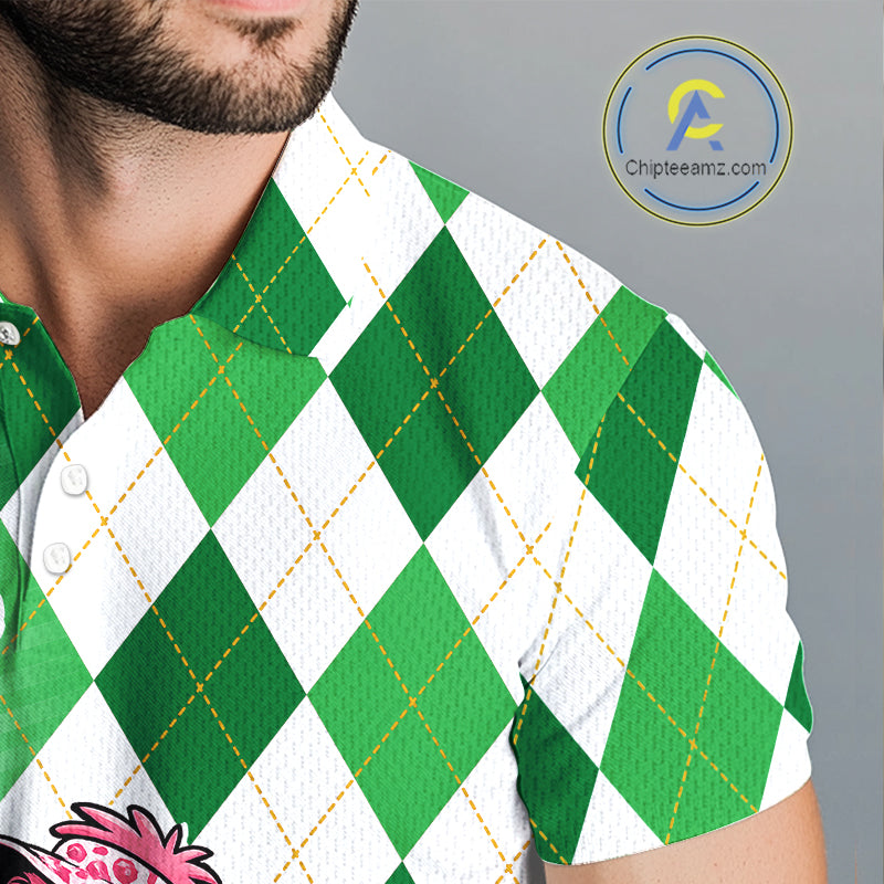 Funny Pink Flamingo Argyle Green Pattern Golf Polo Shirt Custom Golf Shirts For Men NHT651
