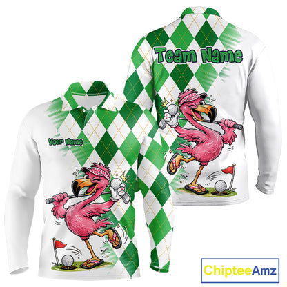 Funny Pink Flamingo Argyle Green Pattern Golf Polo Shirt Custom Golf Shirts For Men NHT651