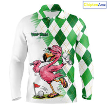 Load image into Gallery viewer, Funny Pink Flamingo Argyle Green Pattern Golf Polo Shirt Custom Golf Shirts For Men NHT651