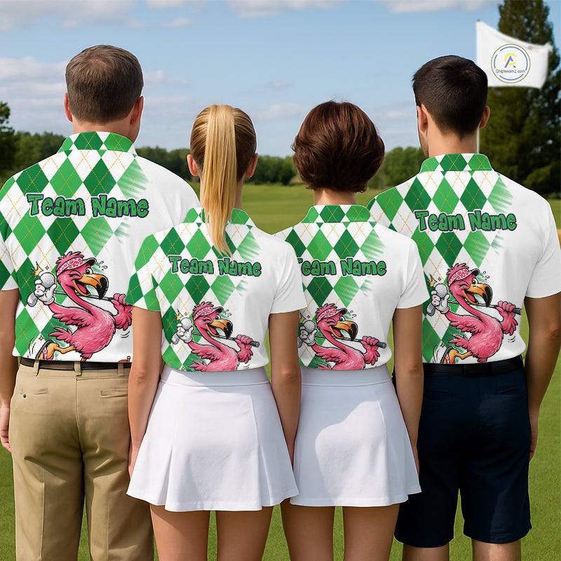 Funny Pink Flamingo Argyle Green Pattern Golf Polo Shirt Custom Golf Shirts For Men NHT651