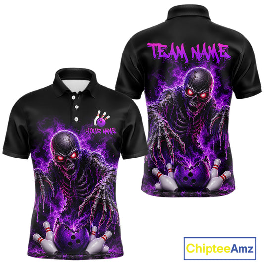 Black short-sleeve polo shirt shown from front and back with a large purple horror graphic of a skull-faced bowling character, bowling balls, and bowling pins. The front has placeholder text reading 'YOUR NAME' and 'TEAM NAME' on the back.