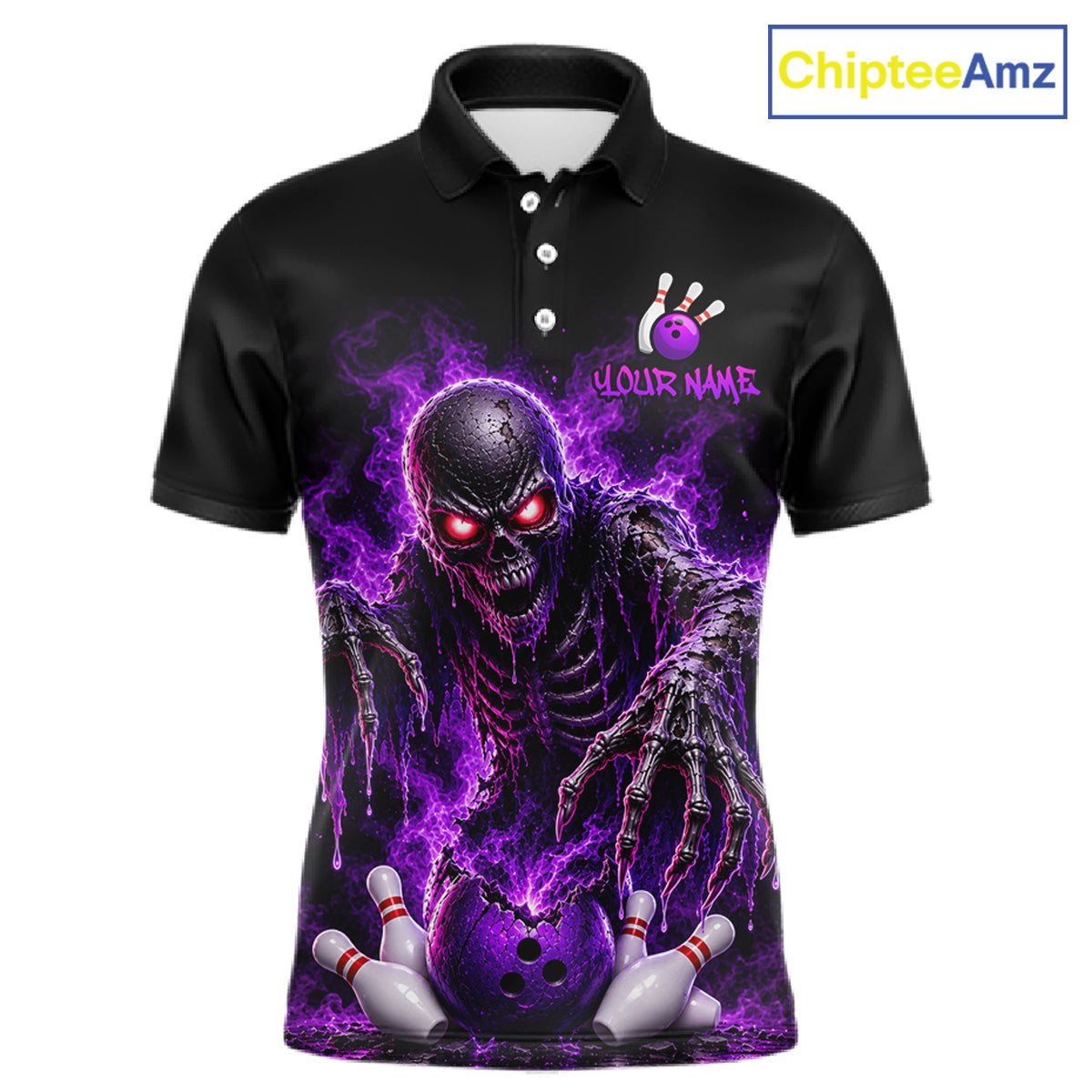 A black short-sleeve polo shirt with a custom graphic print of a purple and black zombie bowling monster, featuring bowling pins and balls, with a customizable name placeholder on the chest. The ChipteeAmz logo is visible in the top right corner.