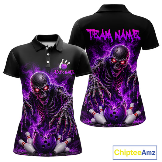 Black short-sleeve polo shirt shown from the front and back, featuring a large purple and black horror bowling graphic with a skeletal bowling character, red glowing eyes, and text reading TEAM NAME and YOUR NAME. A ChipteeAmz logo appears in the bottom right corner