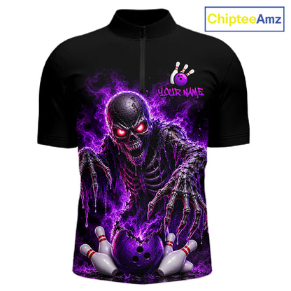 A black short-sleeve zip-up shirt with a large purple and black bowling-themed graphic on the front, featuring a skeletal bowling character, bowling pins, and a customizable name print area. A ChipteeAmz logo is visible in the top right corner.