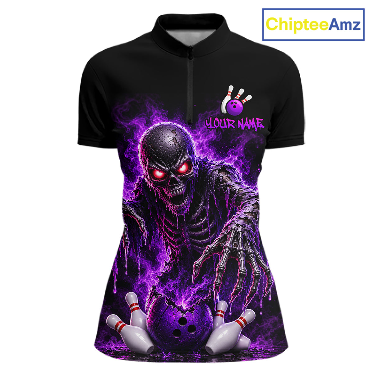 A women's short-sleeve zip-front polo shirt in black, featuring a large purple and black zombie bowling graphic on the front with red glowing eyes, bowling balls, bowling pins, and the text 'YOUR NAME'. A 'ChipteeAmz' logo is visible in the top right corner.