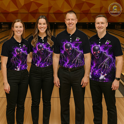 Personalized Women Bowling Jersey Custom Name Team Name Purple Skeleton Bowling Polo Shirt Tournament Gift NHT1317
