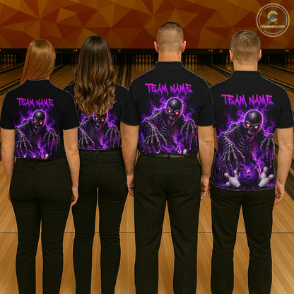 Personalized Men Bowling Jersey Custom Name Team Name Purple Skeleton Bowling Polo Shirt Tournament Gift NHT1317