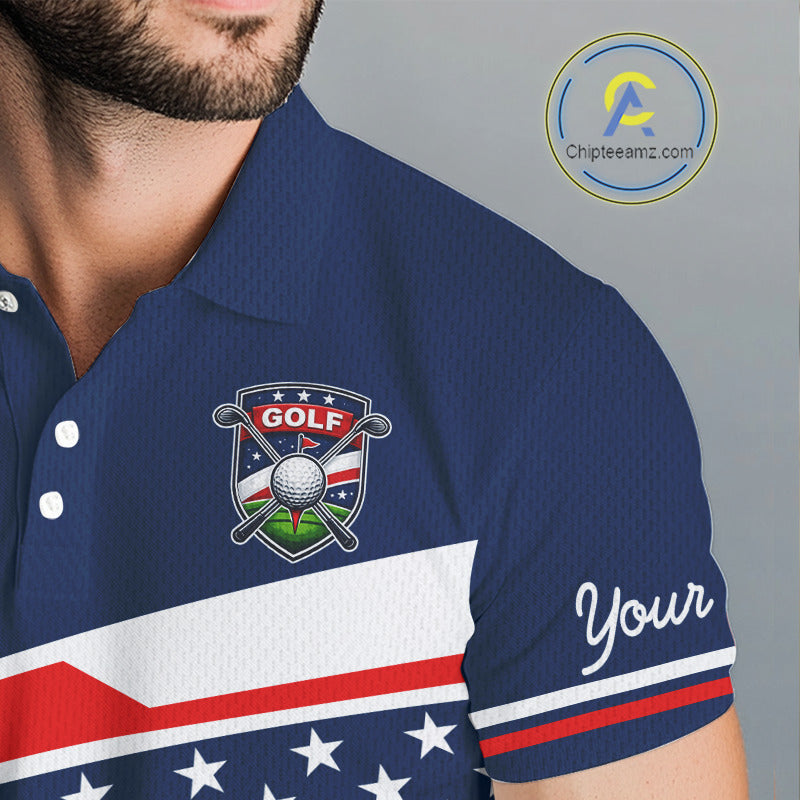 Blue Navy American Flag Mens Golf Polo Shirts Custom Patriotic Team Golf Shirts For Men Golf Gifts NHT693