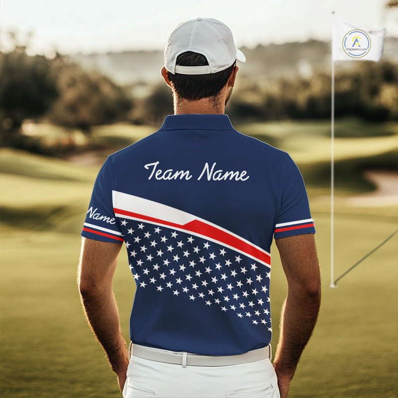 Blue Navy American Flag Mens Golf Polo Shirts Custom Patriotic Team Golf Shirts For Men Golf Gifts NHT693
