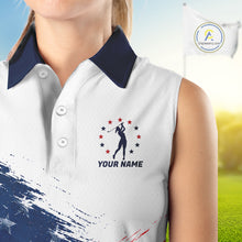 Load image into Gallery viewer, Women's Sleeveless Patriotic Golf Polo Shirt – USA Flag Golf Apparel, Red White Blue Performance Polo NHT1048