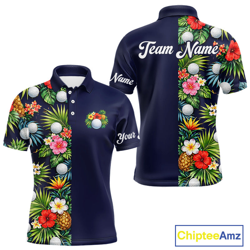Mens Golf Polo Shirt Green Tropical Flower Leaves Custom Name Golf Polo Shirts, Golfing Gift NHT720