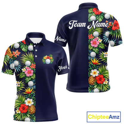 Mens Golf Polo Shirt Green Tropical Flower Leaves Custom Name Golf Polo Shirts, Golfing Gift NHT720