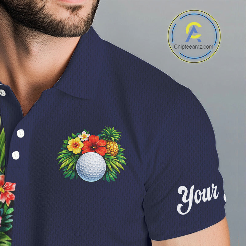 Mens Golf Polo Shirt Green Tropical Flower Leaves Custom Name Golf Polo Shirts, Golfing Gift NHT720