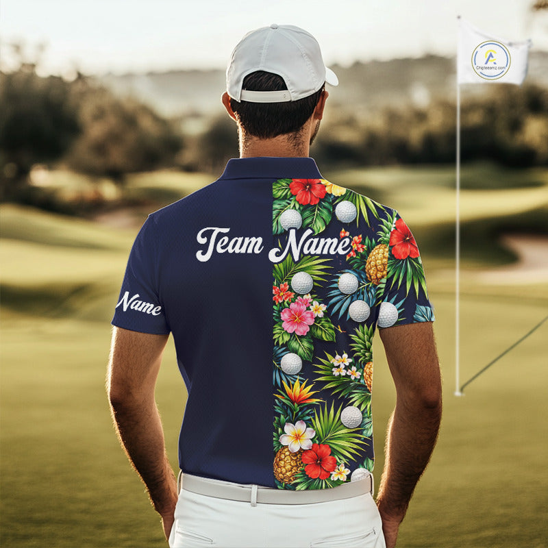 Mens Golf Polo Shirt Green Tropical Flower Leaves Custom Name Golf Polo Shirts, Golfing Gift NHT720