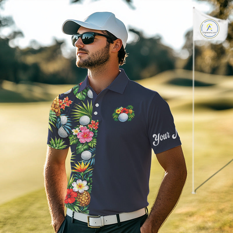 Mens Golf Polo Shirt Green Tropical Flower Leaves Custom Name Golf Polo Shirts, Golfing Gift NHT720