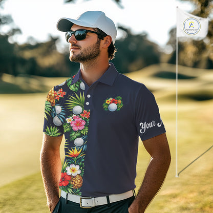 Mens Golf Polo Shirt Green Tropical Flower Leaves Custom Name Golf Polo Shirts, Golfing Gift NHT720