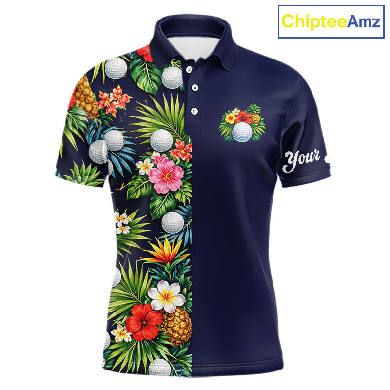 Mens Golf Polo Shirt Green Tropical Flower Leaves Custom Name Golf Polo Shirts, Golfing Gift NHT720