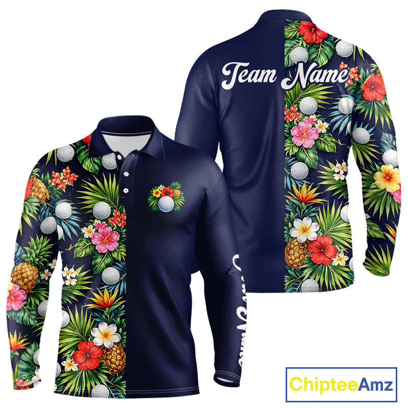 Mens Golf Polo Shirt Green Tropical Flower Leaves Custom Name Golf Polo Shirts, Golfing Gift NHT720