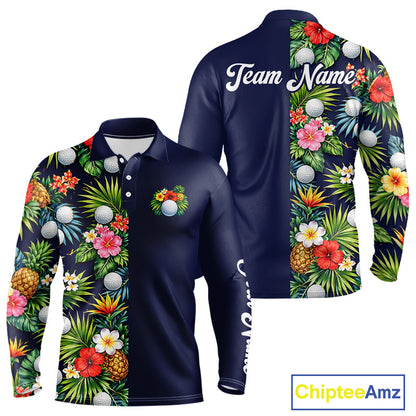 Mens Golf Polo Shirt Green Tropical Flower Leaves Custom Name Golf Polo Shirts, Golfing Gift NHT720