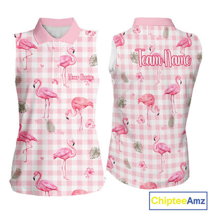 Personalized Flamingo Polo Shirt Pink Plaid Custom Name Team Shirt Womens Sleeveless Flamingo Golf Polo Gift NHT1216