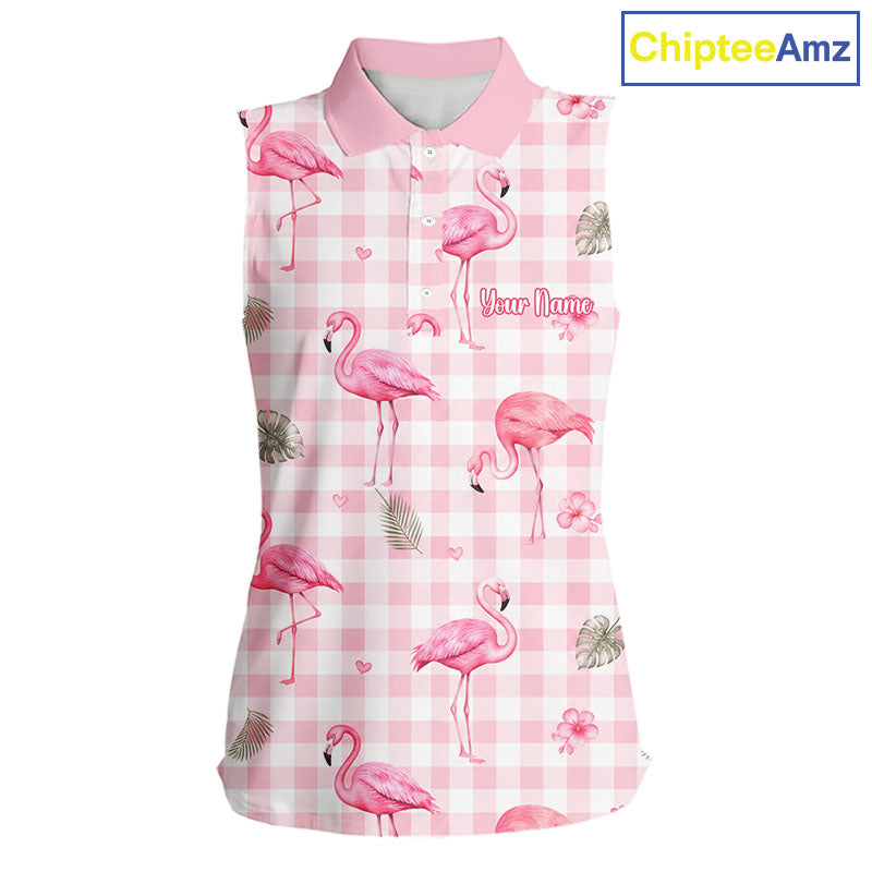 Personalized Flamingo Polo Shirt Pink Plaid Custom Name Team Shirt Womens Sleeveless Flamingo Golf Polo Gift NHT1216