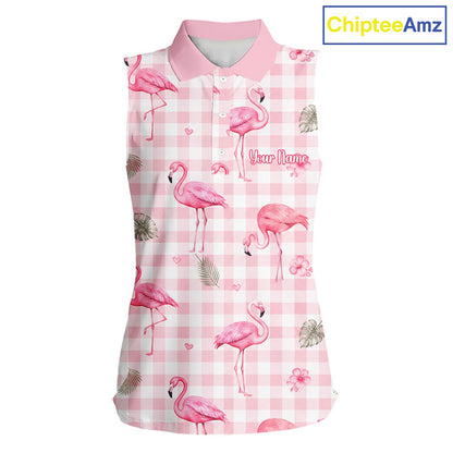 Personalized Flamingo Polo Shirt Pink Plaid Custom Name Team Shirt Womens Sleeveless Flamingo Golf Polo Gift NHT1216