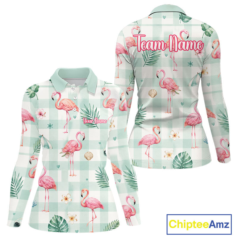Personalized Flamingo Golf Polo Shirt, Mint Plaid Custom Name Team Shirt, Womens Golf Polo Gift NHT1217
