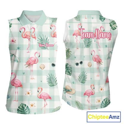 Personalized Flamingo Golf Polo Shirt, Mint Plaid Custom Name Team Shirt, Womens Sleeveless Golf Polo Gift NHT1217