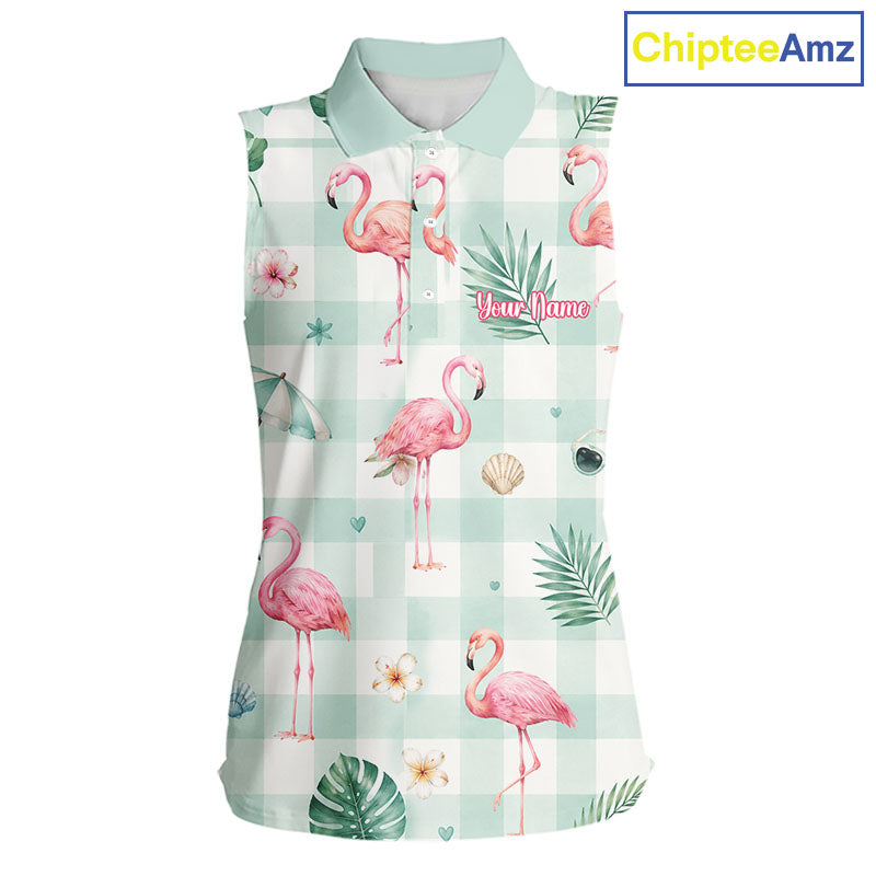 Personalized Flamingo Golf Polo Shirt, Mint Plaid Custom Name Team Shirt, Womens Sleeveless Golf Polo Gift NHT1217