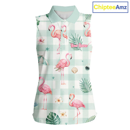 Personalized Flamingo Golf Polo Shirt, Mint Plaid Custom Name Team Shirt, Womens Sleeveless Golf Polo Gift NHT1217