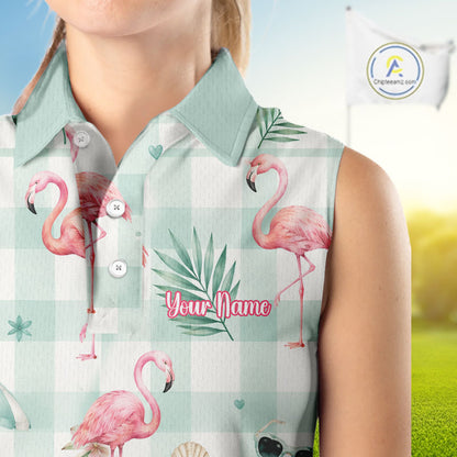 Personalized Flamingo Golf Polo Shirt, Mint Plaid Custom Name Team Shirt, Womens Sleeveless Golf Polo Gift NHT1217