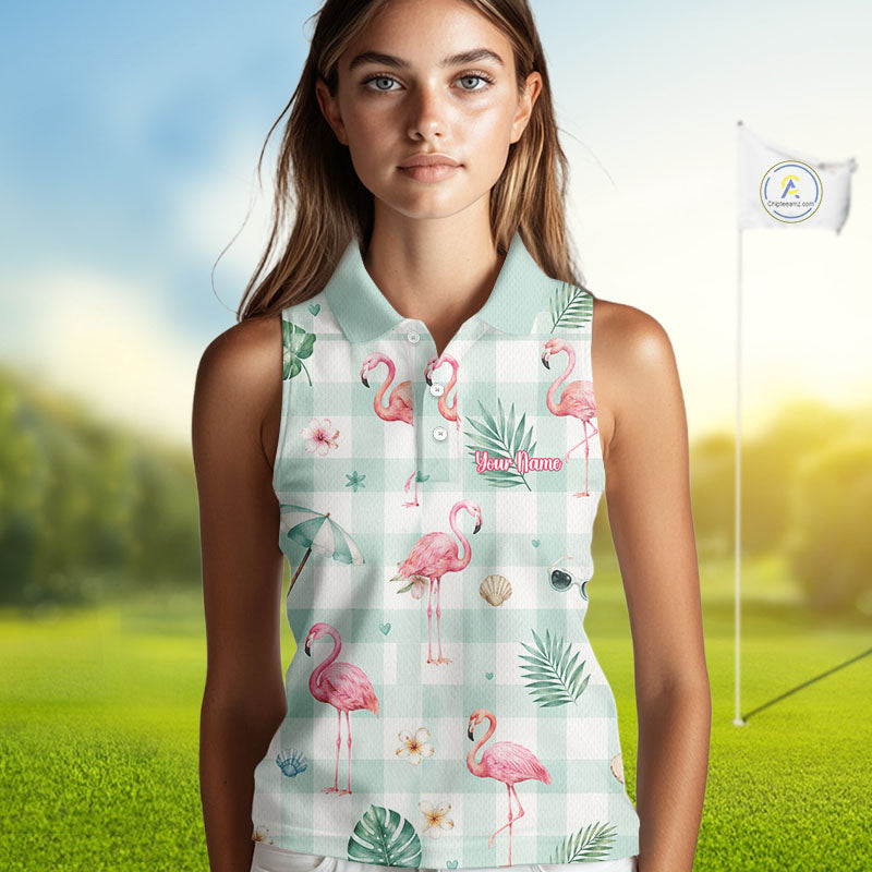 Personalized Flamingo Golf Polo Shirt, Mint Plaid Custom Name Team Shirt, Womens Sleeveless Golf Polo Gift NHT1217