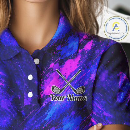 Neon Butterfly Womens Golf Polo Shirt Personalized Team Name Custom Purple Blue Golf Apparel Gift NHT901