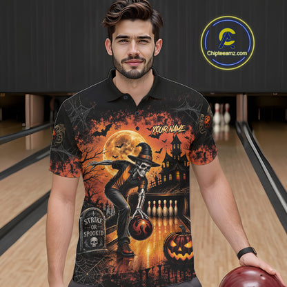 Halloween Bowling Shirt Personalized Name Skull Skeleton Bowling Shirt For Men NHT1377